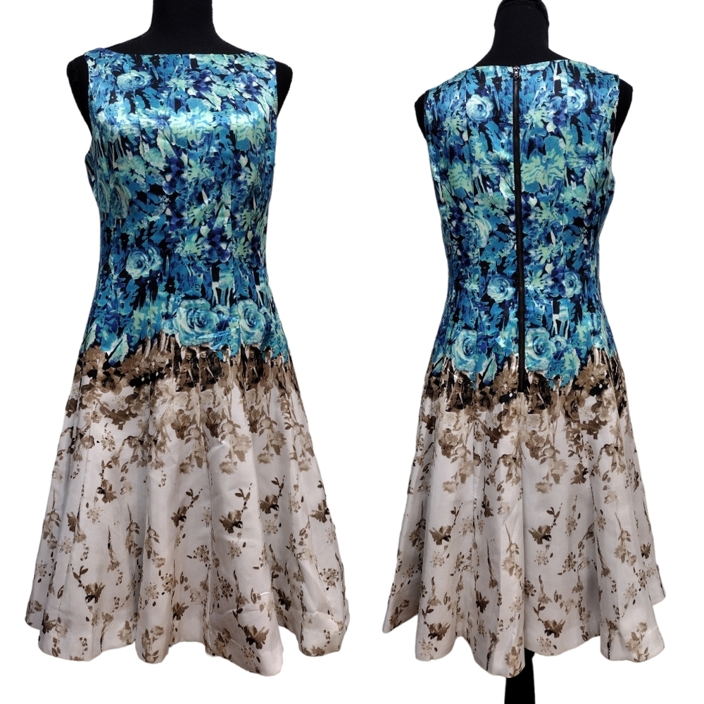 Julian Taylor Blue Teal Floral to Cream Brown Ombre Midi Dress